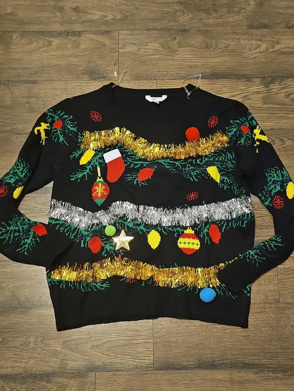 Ugly Sweater  Black Holiday Crewneck Ornaments Tinsel Bells Xxxlarge Festive